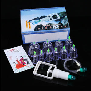 Printed carton above ten clear cups, a white hand pump with a clear hose and a leaflet, on a black background