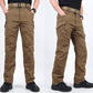 Brown tactical cargo pants worn front and angled view with flap pocket zipper and knee seams