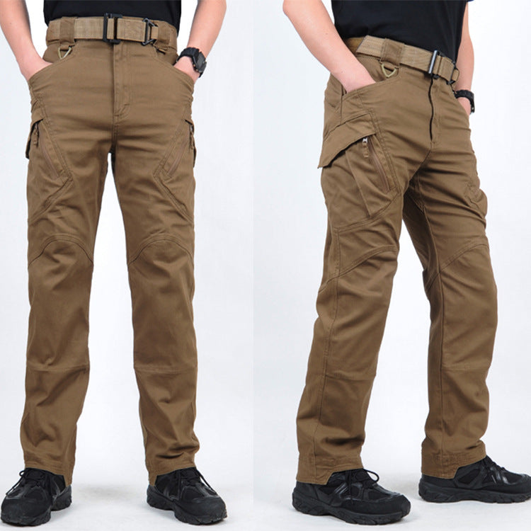 Brown tactical cargo pants worn front and angled view with flap pocket zipper and knee seams