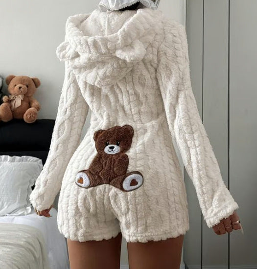 White plush hooded romper with bear ears and a teddy bear back patch, shown on the White size 2XL option