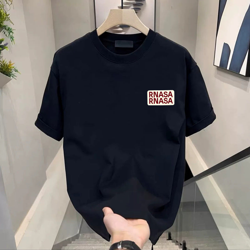Black crew neck T-shirt with a red and white RNASA label print on the chest, option photo for size 4XL