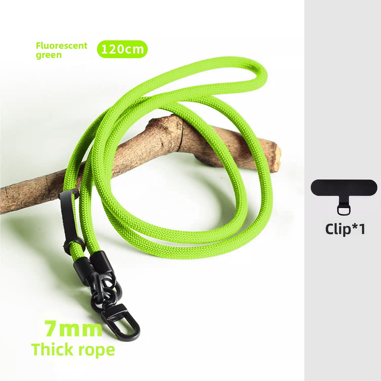 Scale reference close up of the phone lanyard cord and lobster clip