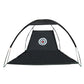 Angled view of the indoor golf hitting net set up for full-swing practice