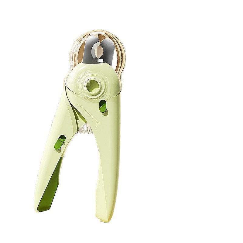 Green LED pet nail clipper standing upright against a plain background with the lit lens on top