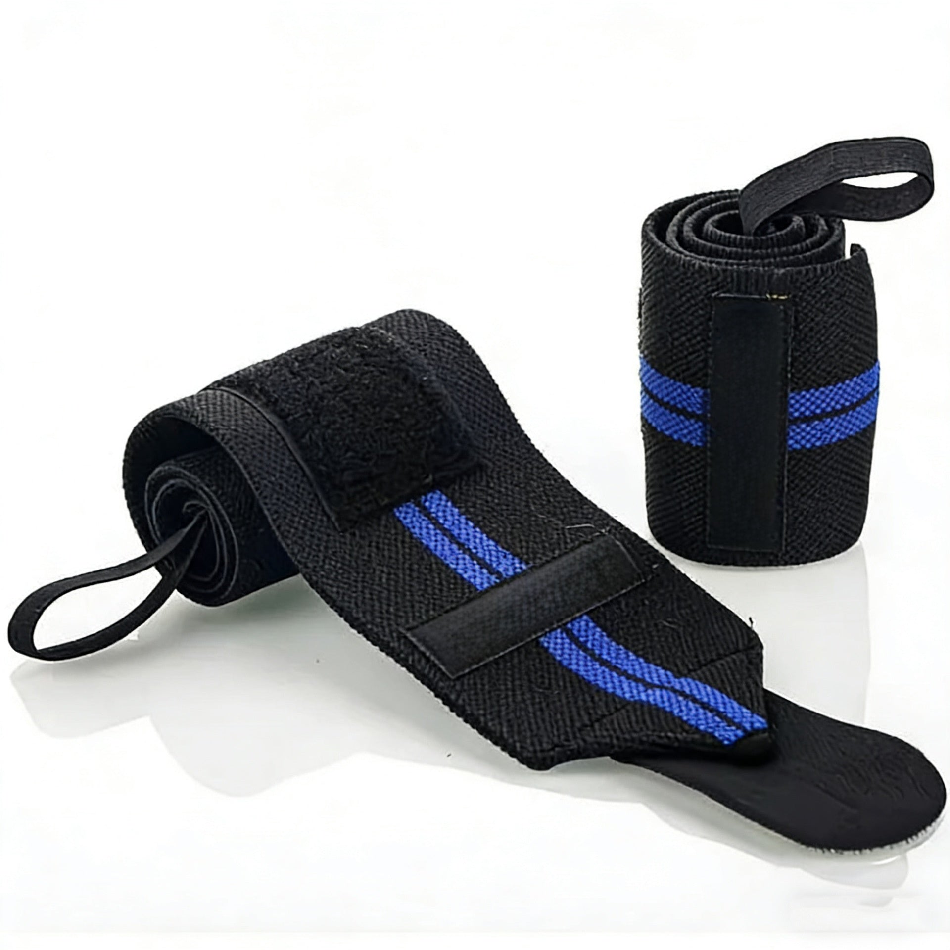 Black and blue elastic wrist wrap pair, one rolled and one flat, on white ground