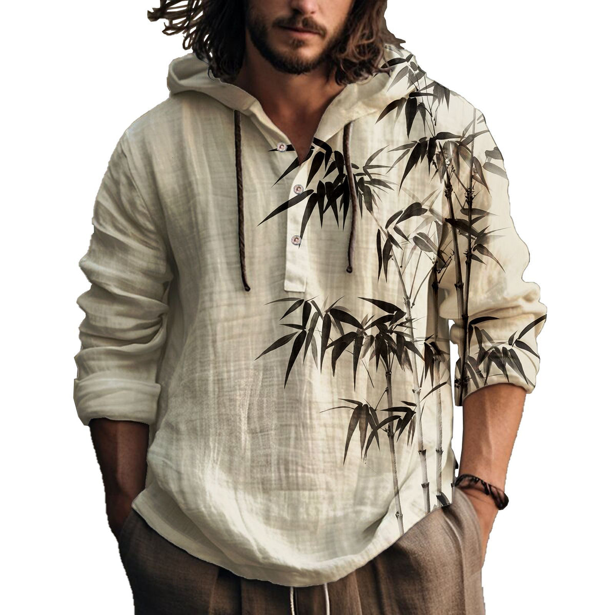 Hooded henley shirt, cream shirt with black ink bamboo branches, size 2XL