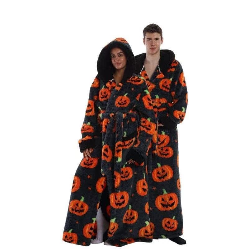 Couple in long black pumpkin print hooded fleece bathrobes with black plush hoods, Pumpkin Long Hooded Robe, size M
