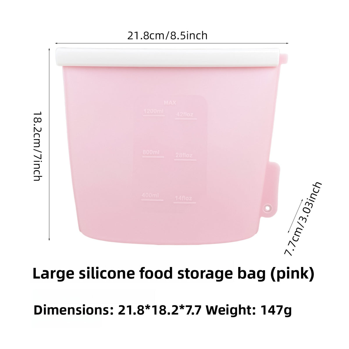 Reusable pink silicone food storage bag, 1200ml size, standing sealed upright