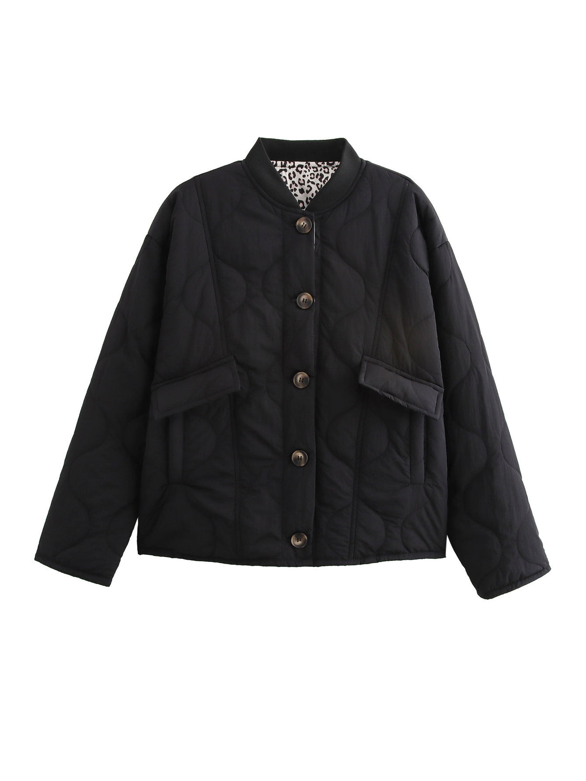 Black onion quilted padded jacket with ribbed stand collar and leopard lined cuffs