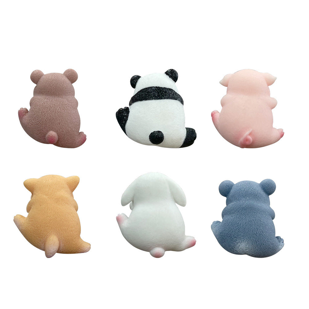 Six resin animal figurines seen from behind on white, bear, panda, pig, shiba, bunny, koala