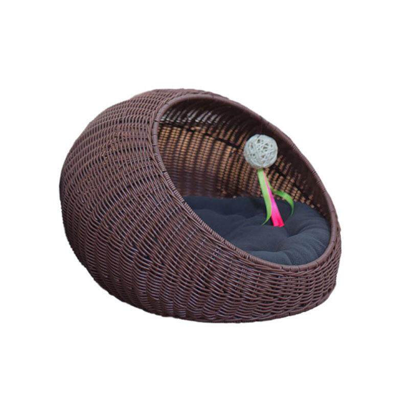 Side angle showing the wide front opening of the woven dome pet bed