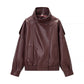 Women's oversized PU leather moto jacket with stand collar and elastic hem, Reddish brown M option