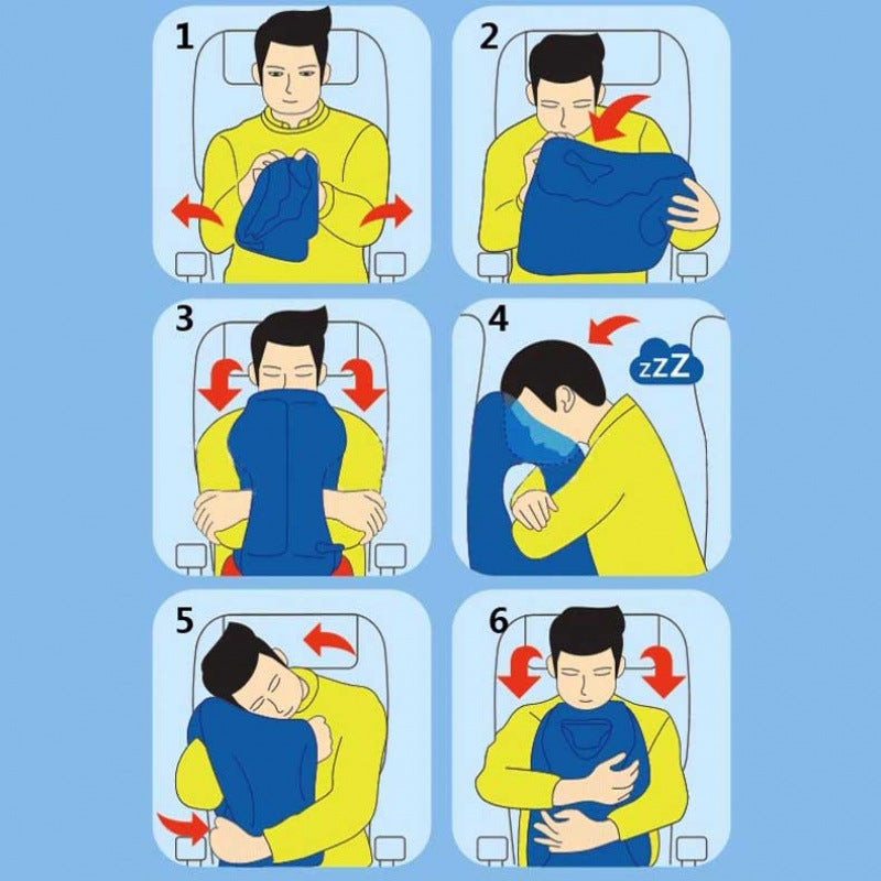 Illustrated steps showing how to unfold the pillow, inflate it by mouth, and lean forward to rest on it in a seat