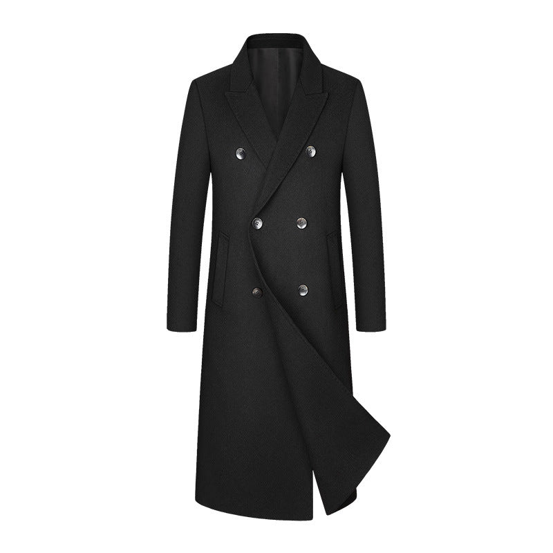Black double breasted long wool blend coat with open front, option photo for XXL | US 44 / EU 54