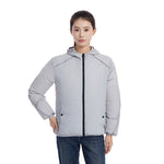 Grey hooded fan cooling sun protection jacket worn over jeans, front zip