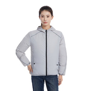 Grey hooded fan cooling sun protection jacket worn over jeans, front zip