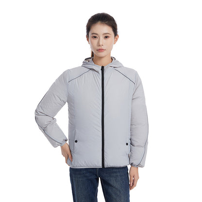 Grey hooded fan cooling sun protection jacket worn over jeans, front zip