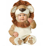 Seated baby in a tan lion costume with a brown mane hood and paw pads on a white background, gallery image