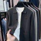 Charcoal gray knit men's cardigan with turn-down collar and three buttons over a white tee, option size 3XL