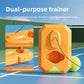Dual purpose tennis trainer with spring-loaded rebound base and nylon rope shown on a blue tennis court