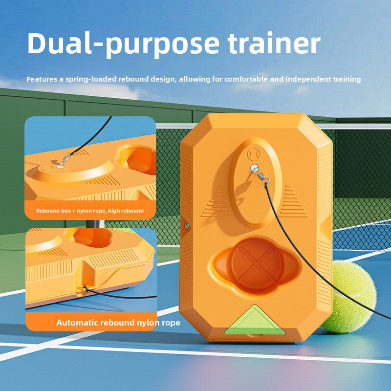 Dual purpose tennis trainer with spring-loaded rebound base and nylon rope shown on a blue tennis court