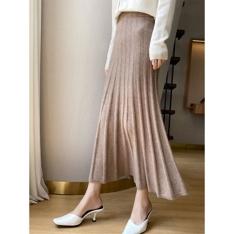 Full length front view of the wool ribbed pleated midi skirt