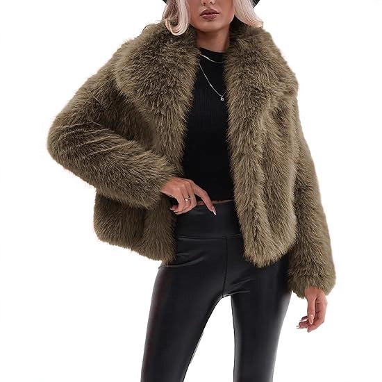 Cropped imitation fox fur jacket in soft polyester pile with a deep folded shawl collar