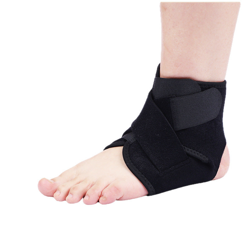 Black polyester ankle wrap fitted on a bare foot, open toe and open heel