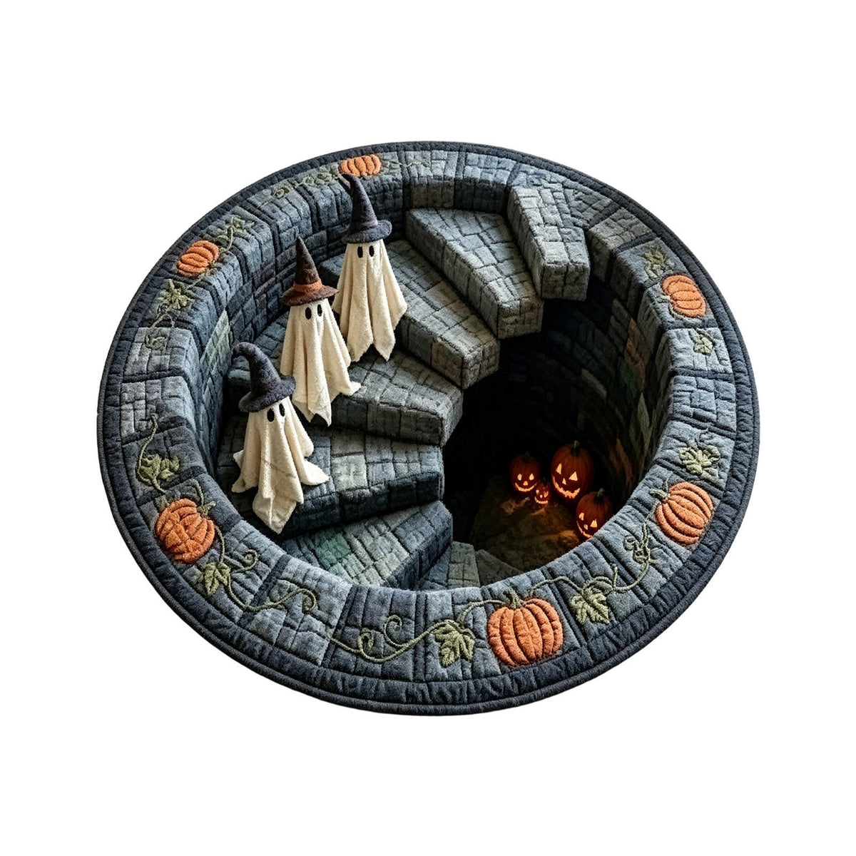 Round plush floor mat with a 3D Halloween ghosts and jack o lantern cellar print