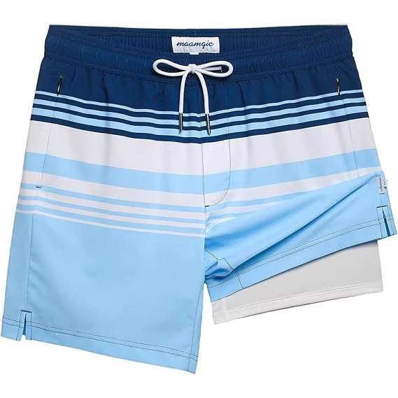 Blue beach stripe swim trunks showing short cut and inner liner