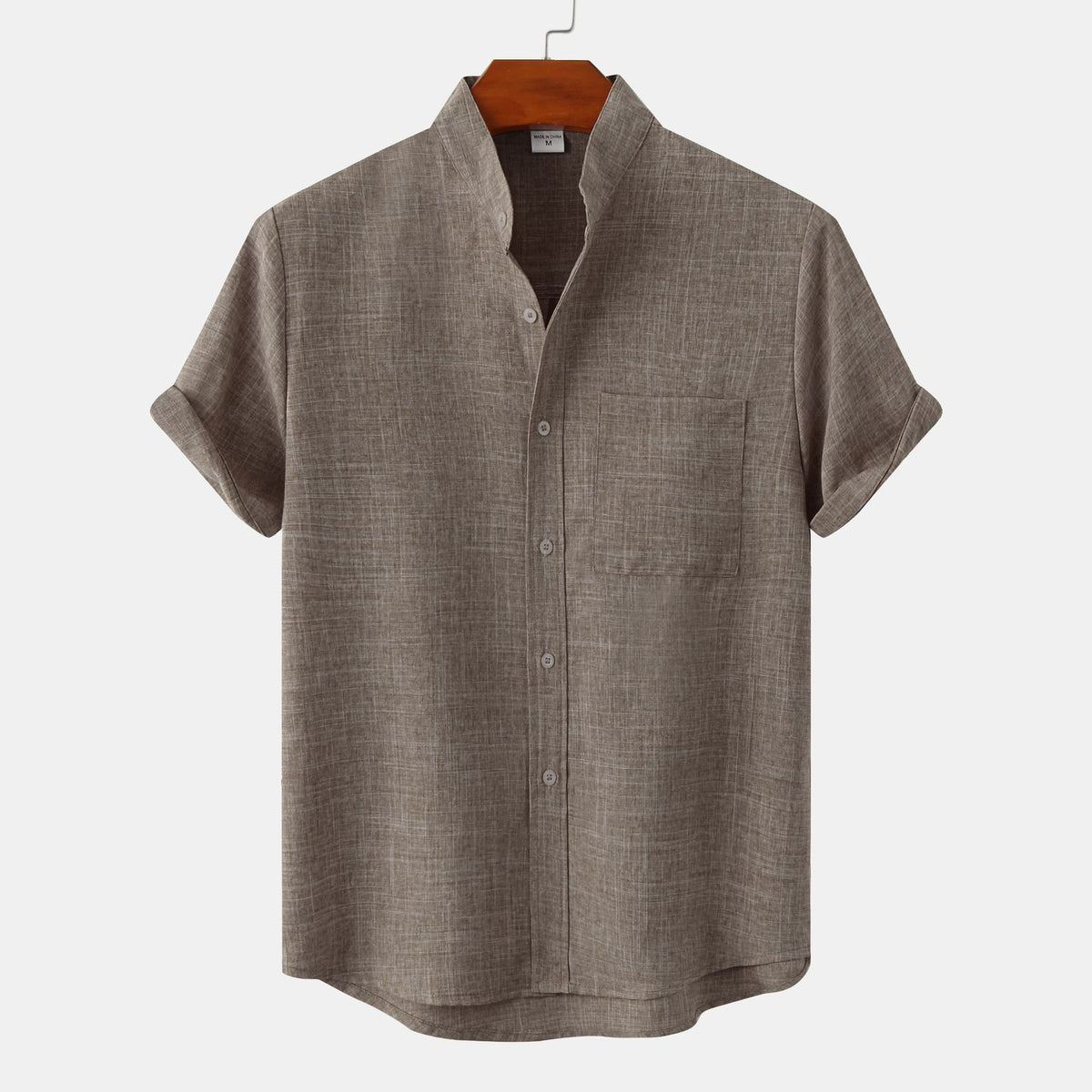 Mens Stand Collar Casual Button Down Short Sleeve Shirt