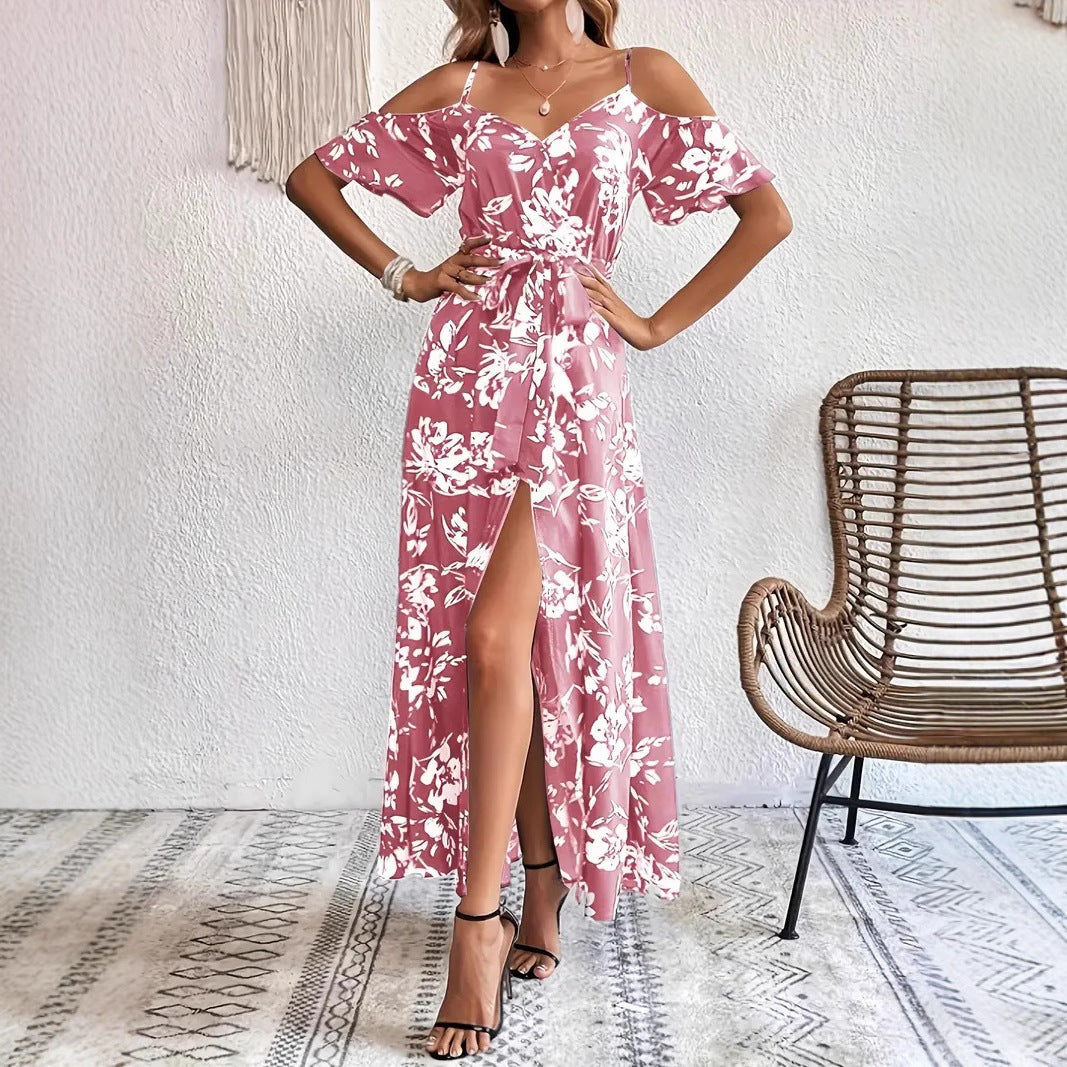 Floral maxi dress with short flutter sleeve and open cold shoulder cut on the arms