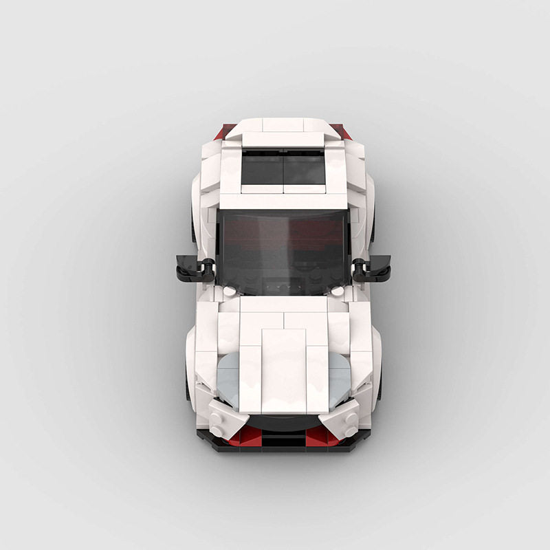 Assembled 370Z Nismo brick model displayed on a shelf