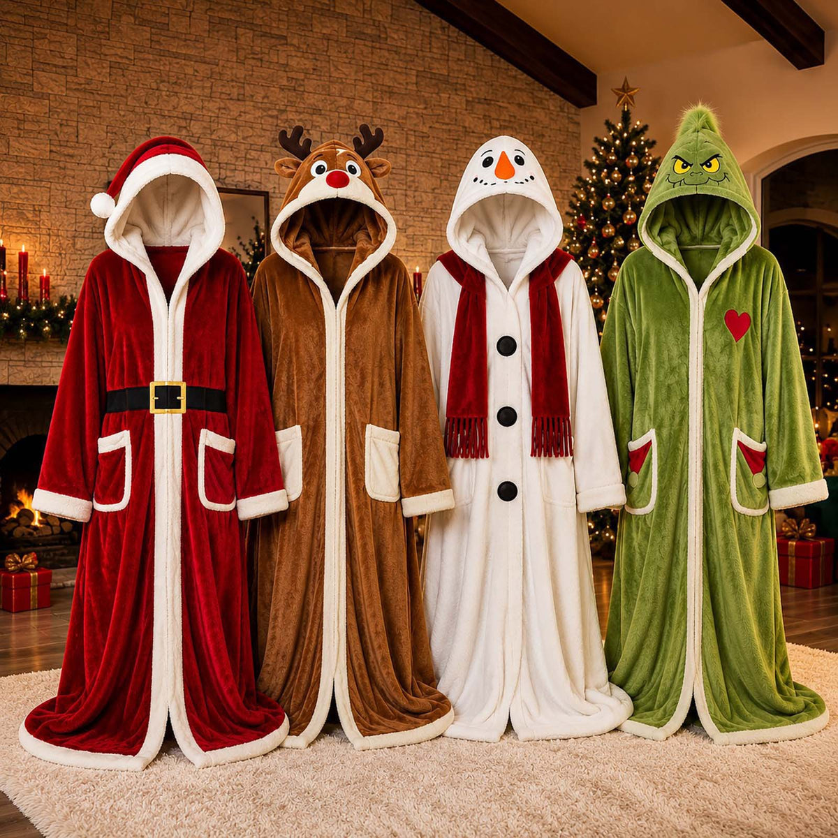 Four hooded Christmas robes in front of a fireplace: Santa red, reindeer brown, snowman white and a green character