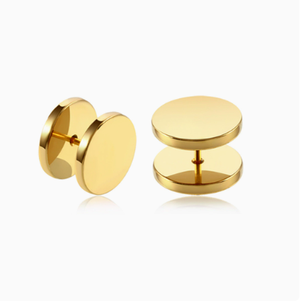 Stainless steel fake plug style disc studs, front and back discs on a post view three