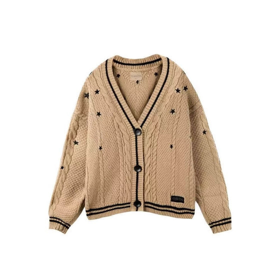 Elegant Star Embroidered Knit Cardigan