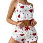 Front view of ribbed cami top and matching heart print pajama shorts