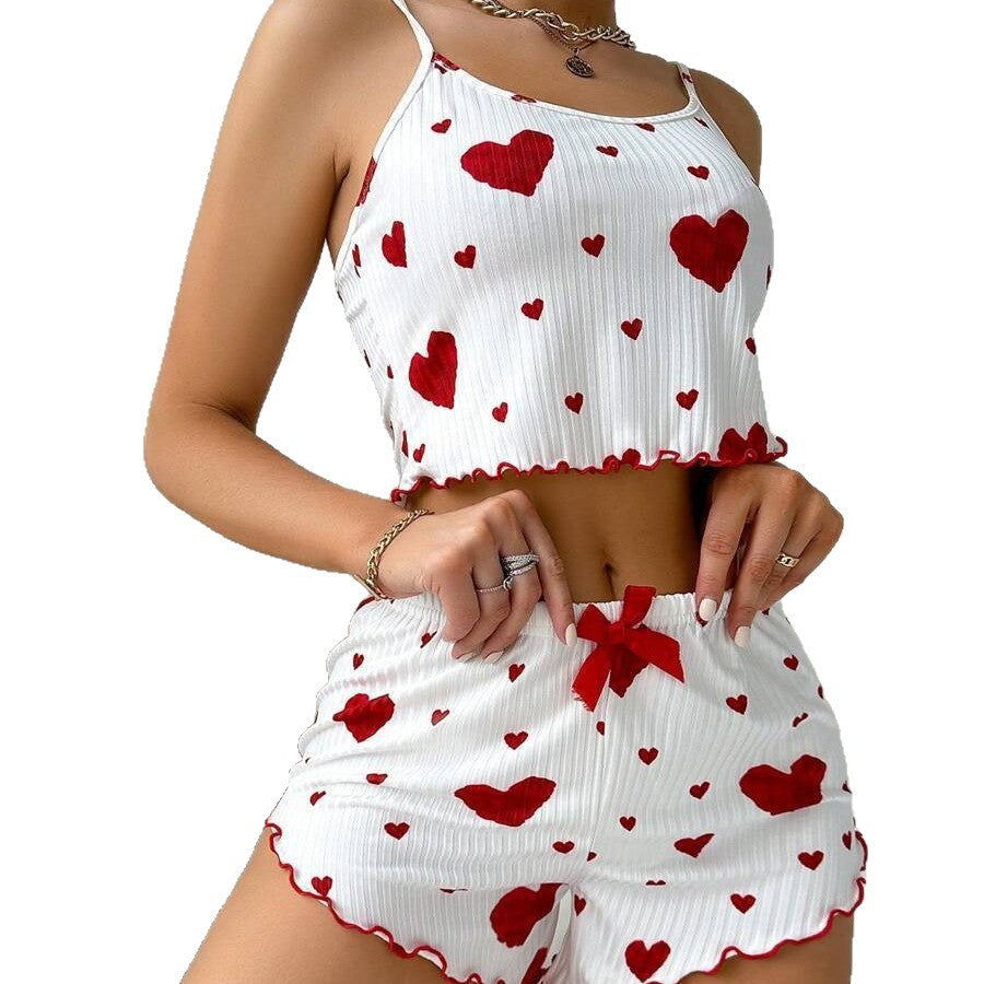 Front view of ribbed cami top and matching heart print pajama shorts