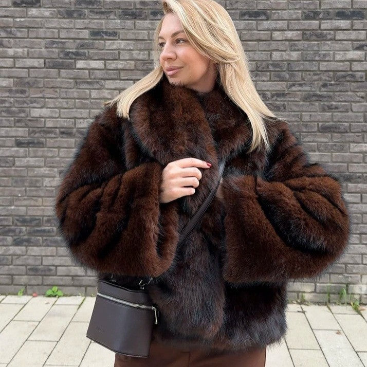 Dark red brown vegan fur short jacket with black tipped pile and wide collar