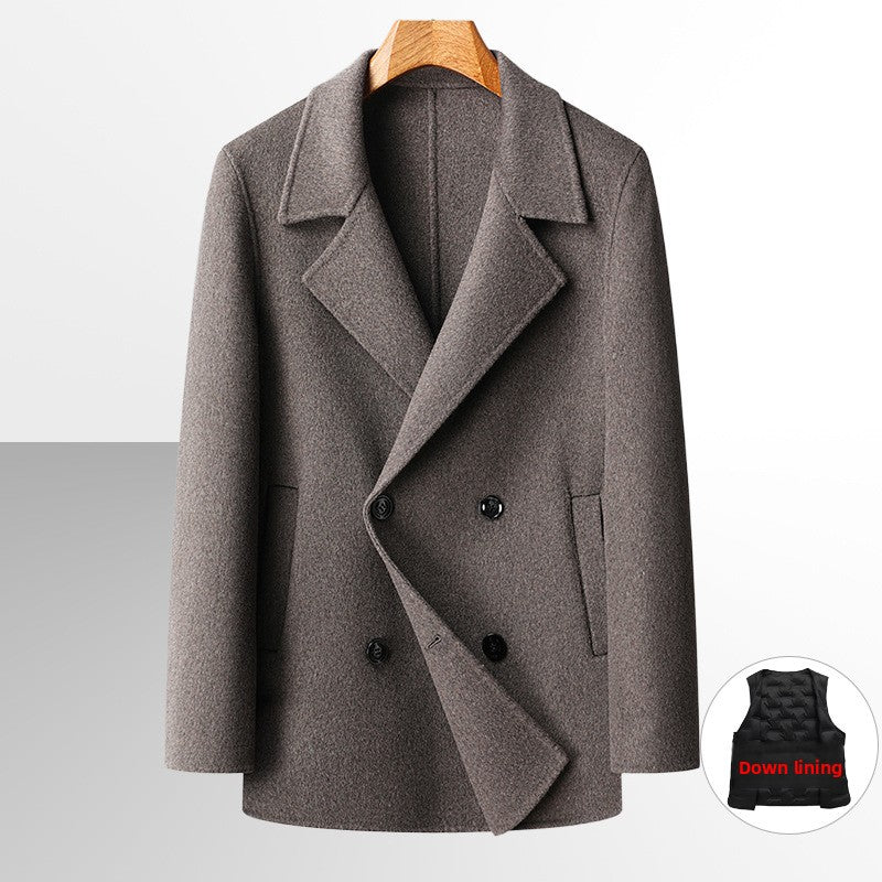 Camel toned wool overcoat with the removable down vest liner shown in a small inset image