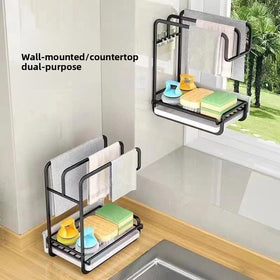Wall-Mount or Countertop Kitchen Cloth and Sponge Rack with Optional Drain Tray