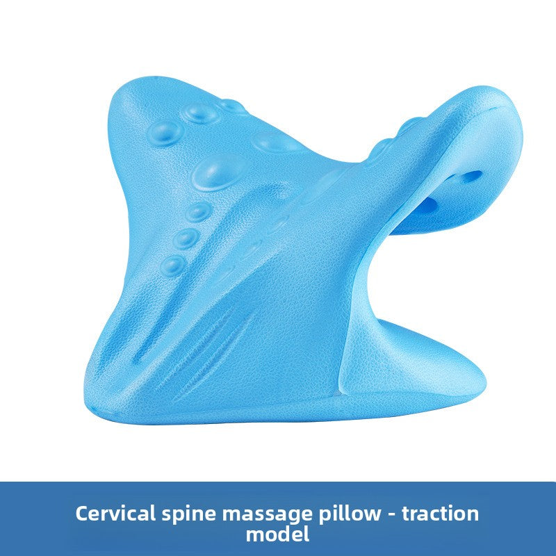 Blue moulded EVA neck rest, three quarter view with a printed caption bar below