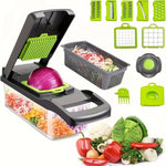 Black vegetable chopper with a clear container of diced vegetables and blade inserts