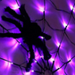 Purple lit spider web net light with a large black furry spider prop at the center