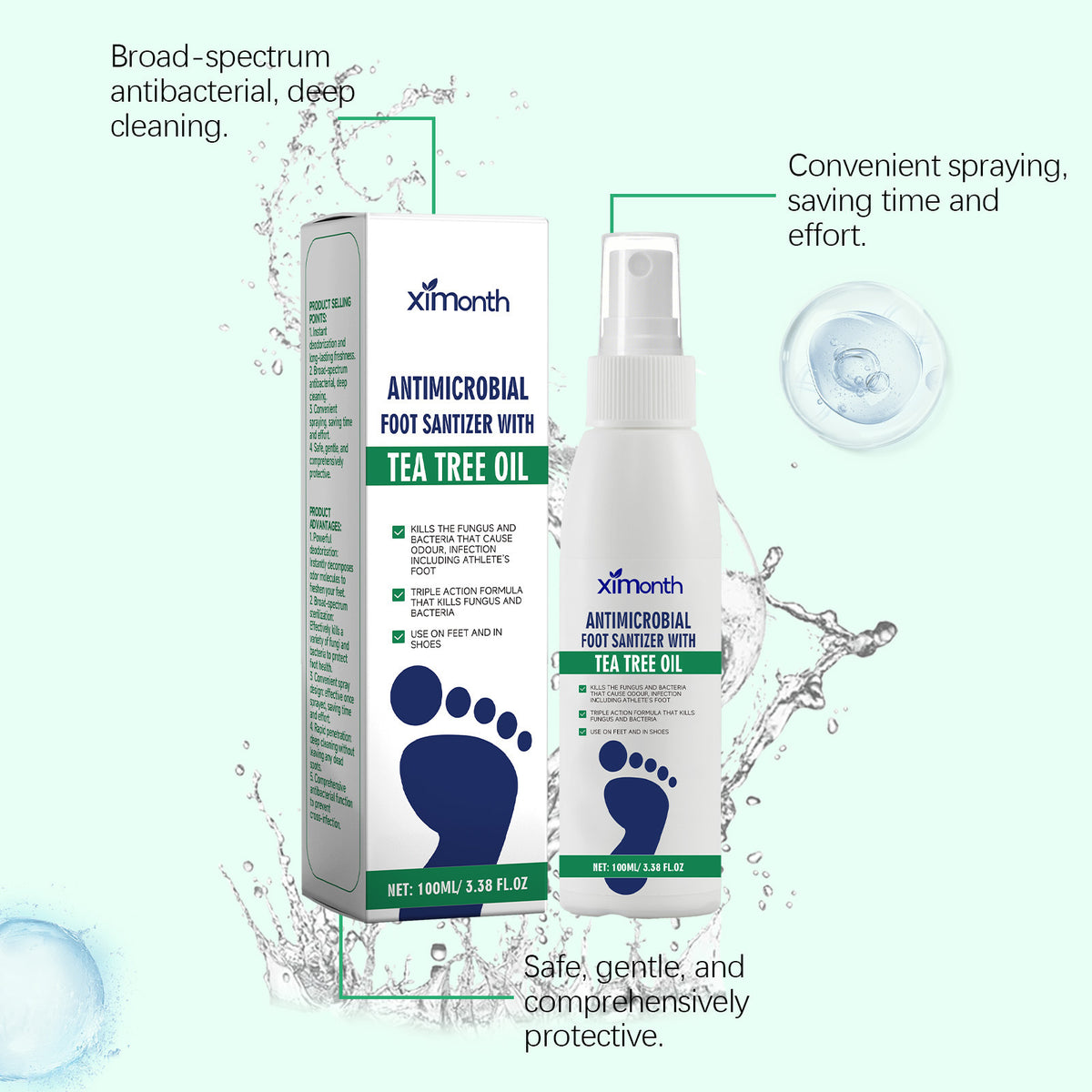 Ximonth tea tree oil foot spray bottle and box shown with a water splash graphic