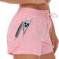 A pink side view of womens running shorts showing the phone pocket holding a phone