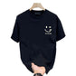 Black crew neck T-shirt on a white background with a white winking smile and HAHAHA print on the chest