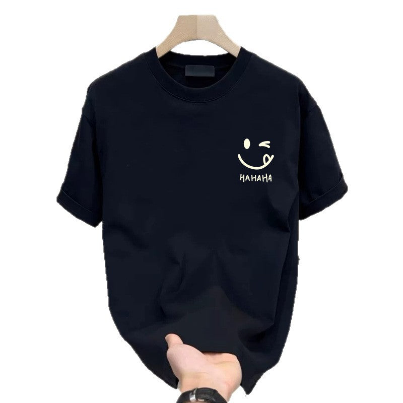 Black crew neck T-shirt on a white background with a white winking smile and HAHAHA print on the chest