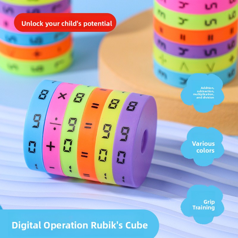 Cylinder of six colored number rings lying on its side with digits and operation signs printed in black