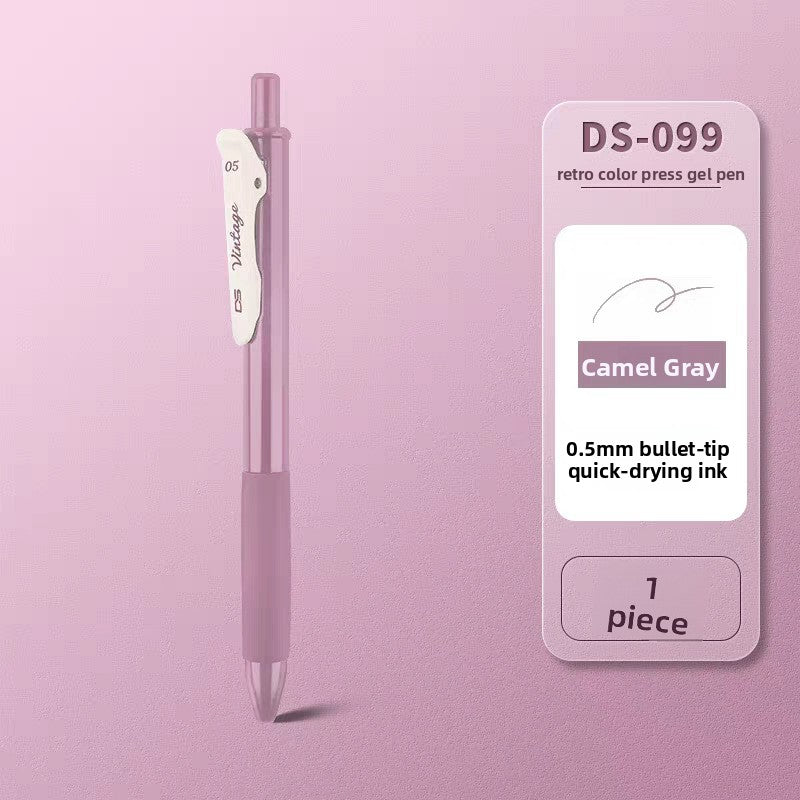 Mauve retractable gel pen on a matching background, labeled Camel gray, Camel Gray 1pc